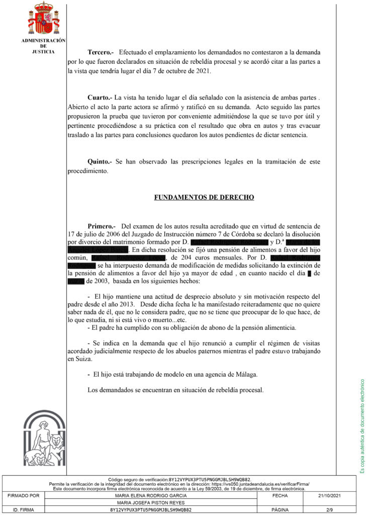 SENTENCIA Nº 364/2021: EXTINCION DE LA PENSION DE ALIMENTOS POR INGRATITUD  DEL HIJO. - Delta Abogados